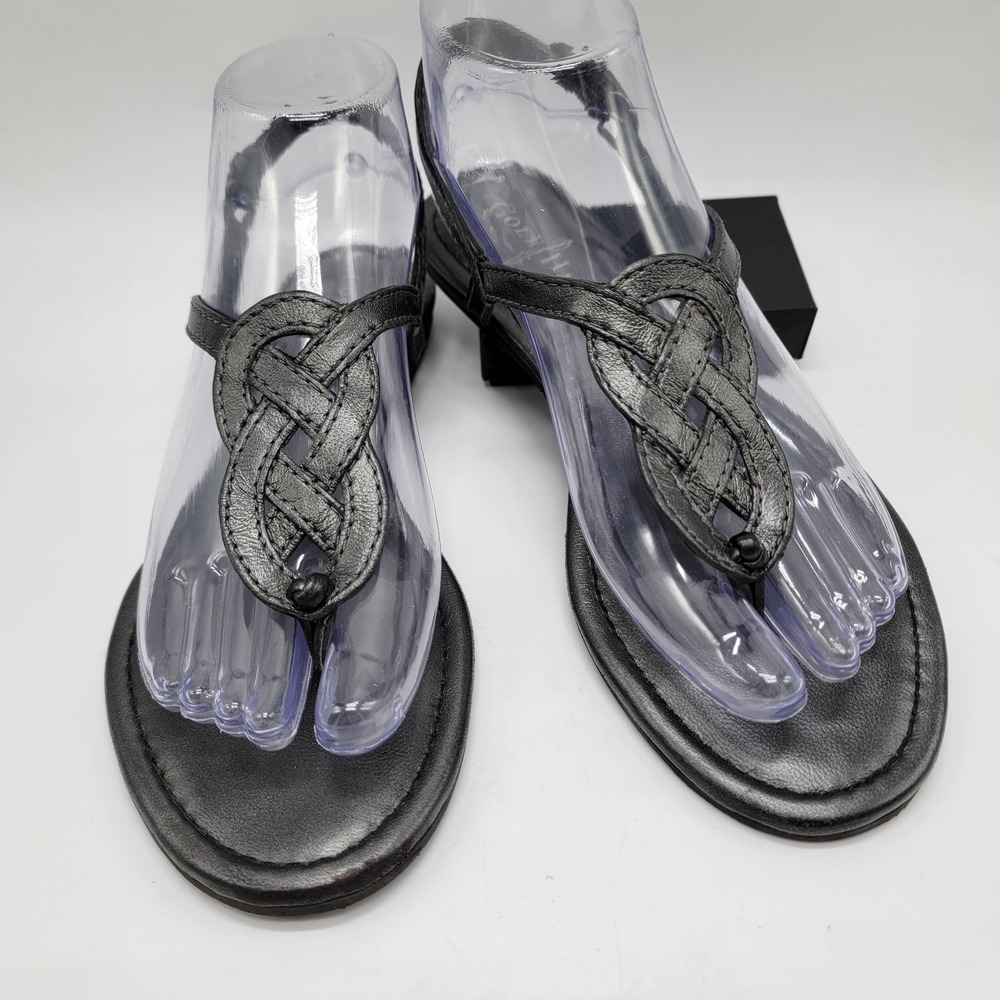 Cole Haan Black Leather Infinity Knot T-Strap Slingback Sandals Classic Flat